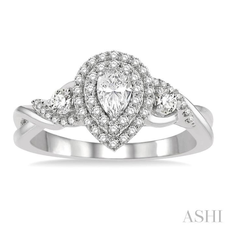 5/8 Ctw Split Twisted Shank Round Cut Diamond Engagement Ring With 1/4 Ct Pear Cut Center Stone in 14K White Gold