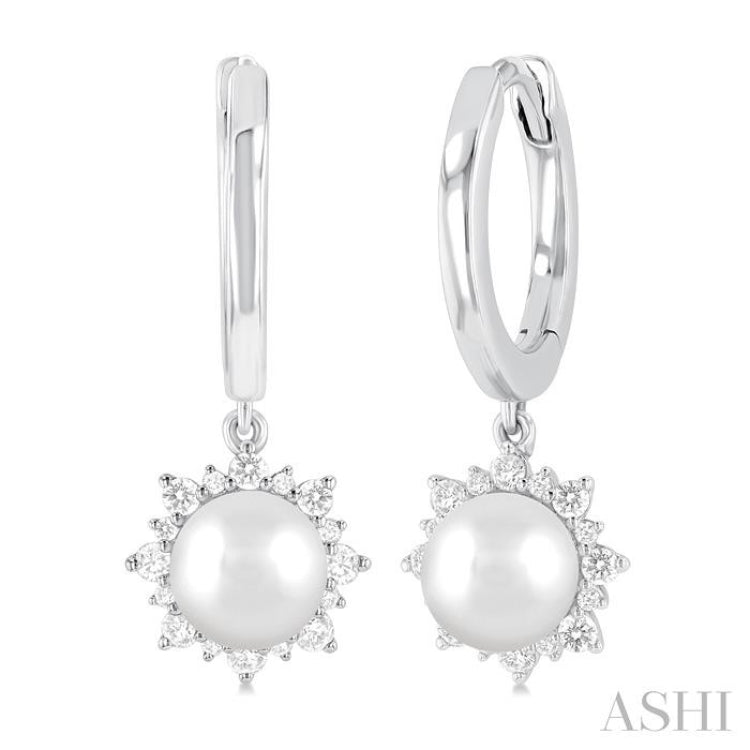 5.5 MM Round shape Cultured Pearls and 1/5 Ctw Round Cut Diamond Petite Fashion Huggies in 10K White Gold