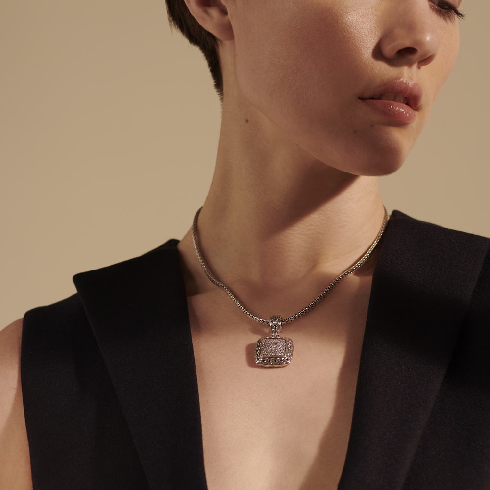 Essentials Silver Diamond Pave Medium Square Pendant (0.72ct)