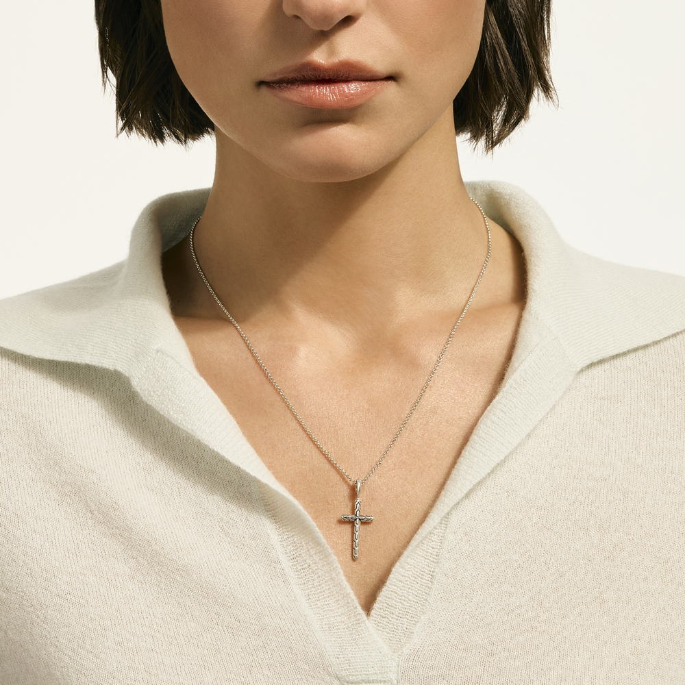 JH Essentials Spiritual Silver Cross Pendant on 1.5mm Rolo Chain Necklace, Size 16-18 Adjustable