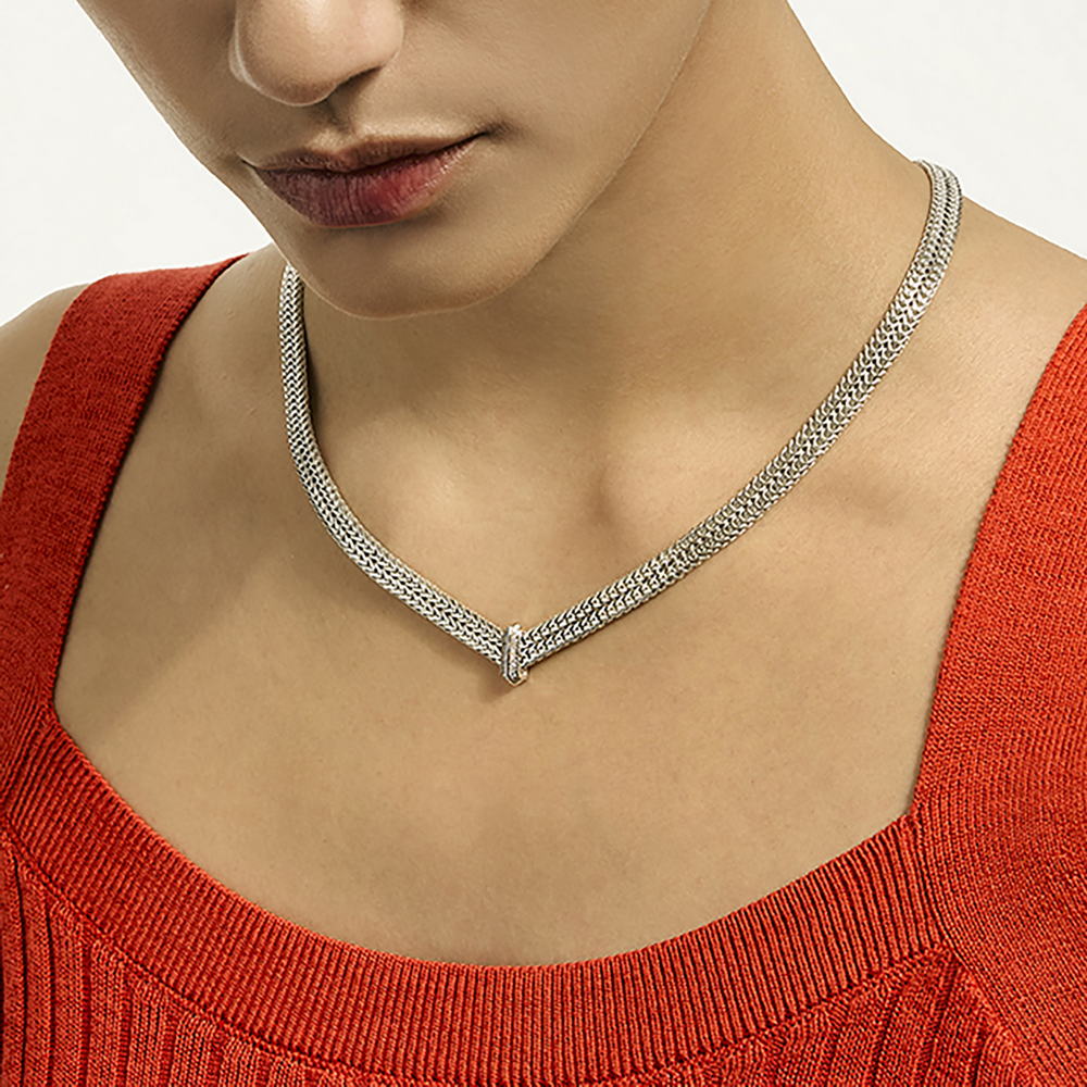 Icon Link Silver Diamond Pave (0.21ct) 6mm Necklace, Size 18