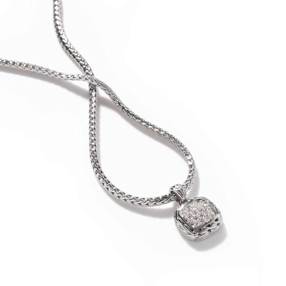 Essentials Silver Diamond Pave Square Pendant- on Chain Necklace with Diamond (0.21ct), Size 16 - 18 Adjustable