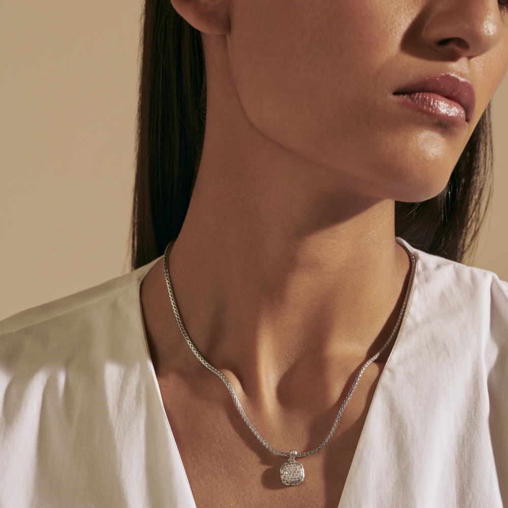Essentials Silver Diamond Pave Square Pendant- on Chain Necklace with Diamond (0.21ct), Size 16 - 18 Adjustable