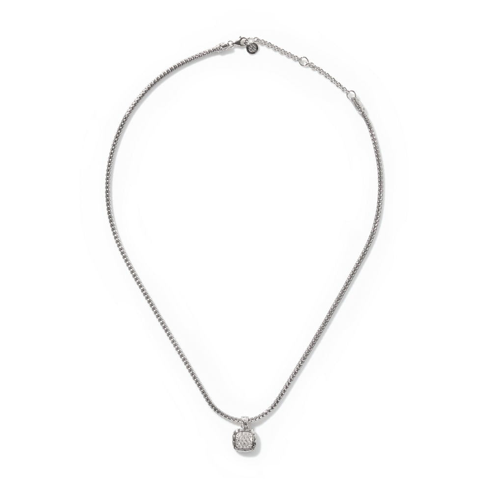 Essentials Silver Diamond Pave Square Pendant- on Chain Necklace with Diamond (0.21ct), Size 16 - 18 Adjustable