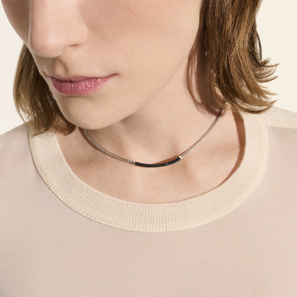 JH Essentials Silver 2.5mm Mini Chain Necklace with Treated Black Sapphire, Size 16-18 Adjustable