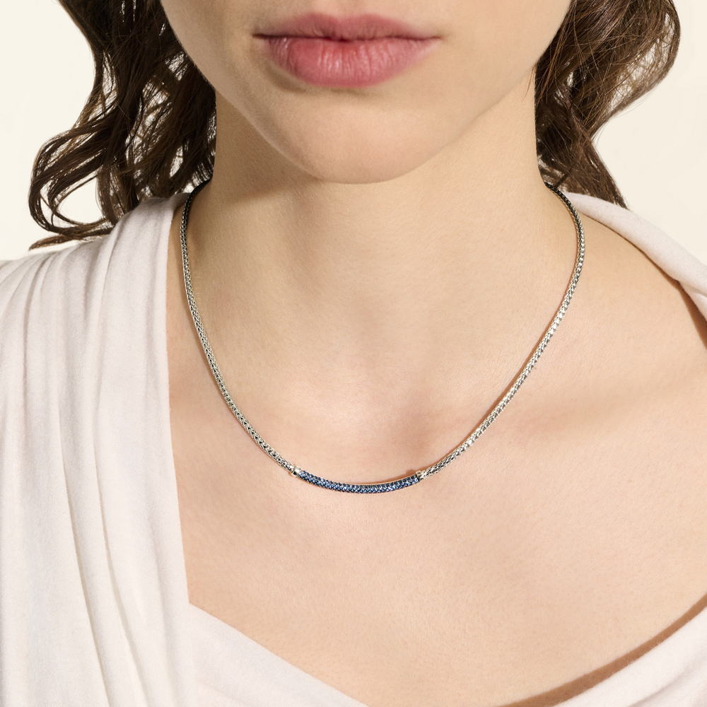 JH Essentials Silver 2.5mm Mini Chain Necklace with Blue Sapphire, Size 16-18 Adjustable