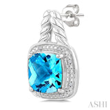 8 MM Cushion Shape Blue Topaz and 1/20 Ctw Round Cut Diamond Semi-Precious Earrings in Sterling Silver