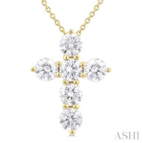 1 1/2 Ctw Round Cut Diamond Christian Cross 6-Stone Fashion Pendant With Chain in 14K Yellow Gold