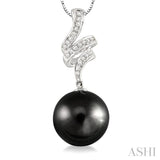 10 MM Black Cultured Pearl and 1/8 Ctw Round Cut Diamond Pendant in 14K White Gold with Chain