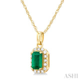5x3 MM Octagonal Shape Emerald and 1/20 Ctw Single Cut Diamond Halo Precious Pendant with Chain in 10K Yellow Gold