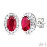 5x3 MM Oval Shape Ruby and 1/8 Ctw Single Cut Diamond Halo Precious Stud Earrings in 10K White Gold