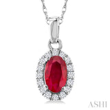 5x3 MM Oval Shape Ruby and 1/20 Ctw Single Cut Diamond Halo Precious Pendant with Chain in 14K White Gold