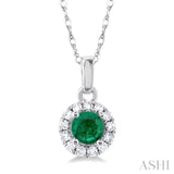 3.25 MM Round Emerald and 1/20 Ctw Single Cut Diamond Halo Precious Pendant with Chain in 10K White Gold