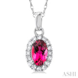 5x3 MM Oval Shape Pink Tourmaline and 1/20 Ctw Single Cut Diamond Halo Semi-Precious Pendant with Chain in 14K White Gold