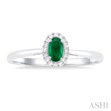 5x3 MM Oval Shape Emerald and 1/20 Ctw Single Cut Diamond Halo Precious Ring in 14K White Gold