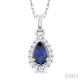 5x3 MM Pear Shape Sapphire and 1/20 Ctw Single Cut Diamond Halo Precious Pendant with Chain in 10K White Gold
