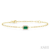 5x3 MM Emerald and 1/20 Ctw Single Cut Diamond Halo Precious Paperclip Bracelet in 10K Yellow Gold