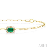 5x3 MM Emerald and 1/20 Ctw Single Cut Diamond Halo Precious Paperclip Bracelet in 10K Yellow Gold