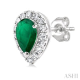 5x3 MM Pear Shape Emerald and 1/8 Ctw Single Cut Diamond Halo Precious Stud Earrings in 10K White Gold