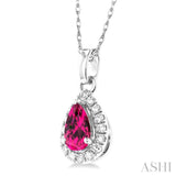 5x3 MM Pear Shape Pink Tourmaline and 1/20 Ctw Single Cut Diamond Halo Semi-Precious Pendant with Chain in 10K White Gold