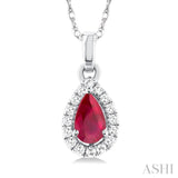 5x3 MM Pear Shape Ruby and 1/20 Ctw Single Cut Diamond Halo Precious Pendant with Chain in 14K White Gold
