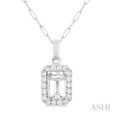 6x4 MM Octagonal Shape White Topaz and 1/6 Ctw Round Cut Diamond Halo Semi-Precious Pendant with Chain in 14K White Gold