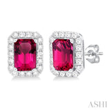 6x4 MM Octagonal Shape Pink Tourmaline and 1/4 Ctw Round Cut Diamond Halo Semi-Precious Stud Earrings in 10K White Gold