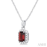 5x3 MM Octagonal Shape Garnet and 1/20 Ctw Single Cut Diamond Halo Semi-Precious Pendant with Chain in 14K White Gold
