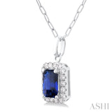 6x4 MM Octagonal Shape Sapphire and 1/6 Ctw Round Cut Diamond Halo Precious Pendant with Chain in 10K White Gold