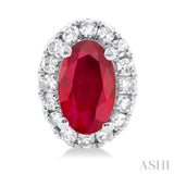 5x3 MM Oval Shape Ruby and 1/8 Ctw Single Cut Diamond Halo Precious Stud Earrings in 14K White Gold