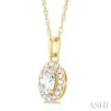 5x3 MM Oval Shape White Topaz and 1/20 Ctw Single Cut Diamond Halo Semi-Precious Pendant with Chain in 14K Yellow Gold