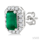 5x3 MM Octagonal Shape Emerald and 1/8 Ctw Single Cut Diamond Halo Precious Stud Earrings in 14K White Gold