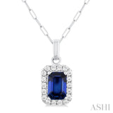 6x4 MM Octagonal Shape Sapphire and 1/6 Ctw Round Cut Diamond Halo Precious Pendant with Chain in 14K White Gold