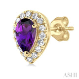 5x3 MM Pear Shape Amethyst and 1/8 Ctw Single Cut Diamond Halo Semi-Precious Stud Earrings in 14K Yellow Gold
