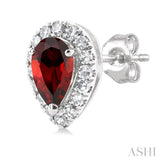 5x3 MM Pear Shape Garnet and 1/8 Ctw Single Cut Diamond Halo Semi-Precious Stud Earrings in 14K White Gold
