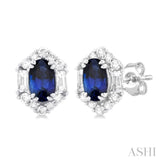 5x3 MM Oval Cut Sapphire and 1/3 Ctw Baguette & Round Cut Diamond Hexagon Shape Halo Precious Stud Earrings in 10K White Gold