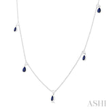 5x3 MM Pear Shape Sapphire and 1/8 Ctw Round Cut Diamonds Precious Station Necklace in 10K White Gold