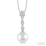 8 MM Cultured Pearl and 1/6 Ctw Floral Dangler Round Cut Diamond Pendant With Chain in 14K White Gold