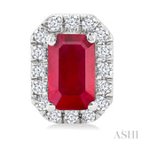 5x3 MM Octagonal Shape Ruby and 1/8 Ctw Single Cut Diamond Halo Precious Stud Earrings in 10K White Gold