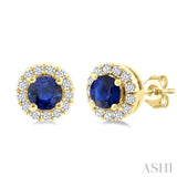 3.25 MM Round Sapphire and 1/10 Ctw Single Cut Diamond Halo Precious Stud Earrings in 10K Yellow Gold