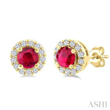 3.25 MM Round Ruby and 1/10 Ctw Single Cut Diamond Halo Precious Stud Earrings in 14K Yellow Gold