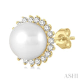 5.5 MM Round Shape Cultured Pearls and 1/6 Ctw Petite Sunflower Round Cut Diamond Fashion Stud Earring in 10K Yellow Gold