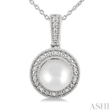7MM Cultured Pearl and 1/50 Ctw Round Cut Diamond Halo Pendant With Chain in Sterling Silver