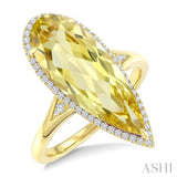 22X8 MM Pear Shape Lemon Quartz and 1/5 Ctw Round Cut Diamond Semi-Precious Ring in 14K Yellow Gold