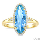 16X6 MM Oval Shape Blue Topaz and 1/6 Ctw Round Cut Diamond Semi-Precious Ring in 10K Yellow Gold