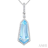 16X7 MM Evoque Gemstones Shield Shape Blue Topaz and 1/5 Ctw Round Cut Diamond Semi-Precious Pendant With Chain in 10K White Gold