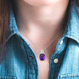 10x8 MM Cushion Shape Amethyst and 1/50 Ctw Looped Round Cut Diamond Semi-Precious Pendant With Chain in Sterling Silver