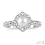 7 MM Cultured Pearl and 1/4 Ctw Round Cut Diamond Halo Ring in 10K White Gold