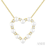 3 MM Round Shape Cultured Pearl and 1/5 Ctw Heart Shape Round Cut Diamond Pendant With Chain in 14K Yellow Gold
