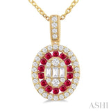 1.25 MM Oval Shape Ruby and 1/4 Ctw Baguette and Round Cut Diamond Precious Pendant With Chain in 14K Yellow Gold